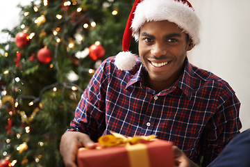 Image showing African, man and gift for christmas, portrait and holiday with smile for vacation. Person, happiness and celebration for present, house and tree with decorations, giving or festivity at home with hat