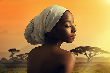 Image showing Beauty, culture and natural black woman in Africa at sunset with turban for cosmetics or wellness. Skincare, heritage and tradition with confident young model outdoor in nature for dermatology