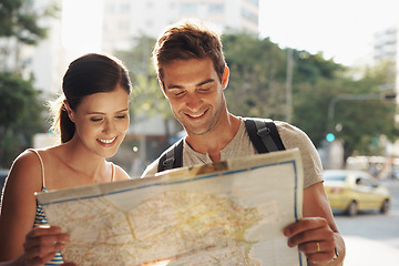 Image showing Couple, travel or map for tourist destination with direction, tour route and happiness on holiday or vacation in Brazil. Face, man and woman with smile in city street for explore, tourism and journey