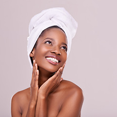 Image showing Black woman, skin care and natural for beauty, studio and wellness in fresh look with smile and face touch. African female person, soft cosmetic and aloe vera for anti age, nude and confidence