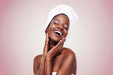 Image showing Black woman, skin care and natural for confidence, studio and wellness in fresh look with smile and face touch. African female person, cosmetic, and beautiful for anti age, body and happy beauty
