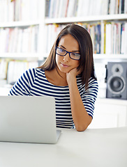 Image showing Remote work, reading screen and woman on laptop for online networking, report and research. Working from home, business and person on computer for website, internet and planning for freelance career