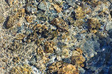 Image showing Sunlight sparkling on clear rocky streambed in daylight