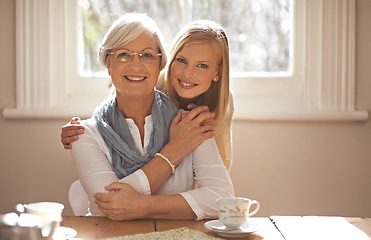 Image showing Grandma, grandchild and happiness with hug in portrait at nursing home for visit and conversation with love. Mature woman, person and together for bonding or care, family and embrace with affection