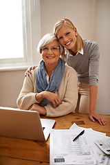 Image showing Senior woman, daughter and portrait with laptop and notes for budget and bookkeeping in retirement. Elderly person, lady and smile with technology for spending and planning together with touch