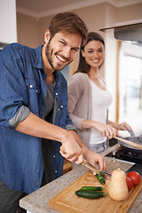 Image showing Happy couple, portrait or cooking with vegetables in kitchen, love or bonding together for lunch on weekend. Man, woman or help with healthy food for salad for romantic dinner on cutting board