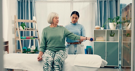 Image showing Senior care, fitness and physiotherapist with old woman, dumbbell and healthcare for nursing. Physio, rehabilitation and retirement with training, caregiver with elderly patient for mobility exercise