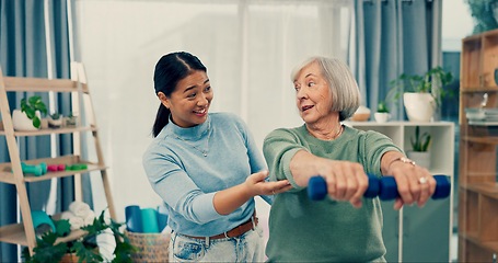 Image showing Senior care, help and physiotherapist with old woman, dumbbell and healthcare for fitness. Physio, rehabilitation and retirement with training, caregiver with elderly patient for mobility exercise