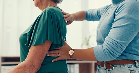 Image showing Physiotherapy, hands and back pain with doctor for healthcare service, support and physical therapy in clinic office. Physiotherapist or chiropractor with senior woman or patient for a muscle massage