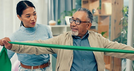 Image showing Senior care, stretching band or physiotherapist with old man, support or fitness for health. Physio, rehabilitation or retirement with training, caregiver with elderly patient for mobility exercise