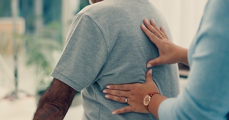 Image showing Physical therapy, hands and back pain with doctor for healthcare service, support and physiotherapy in clinic office. Physiotherapist or chiropractor with professional with patient for spine massage
