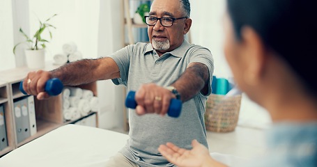 Image showing Senior care, exercise and physiotherapist with old man, dumbbell and healthcare at nursing home. Physio, rehabilitation and retirement, fitness coach caregiver and elderly patient mobility training