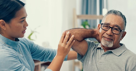 Image showing Senior patient, physiotherapy and stretching muscle for workout support, fitness and physical therapy in clinic. Medical nurse, doctor or physiotherapist helping an elderly man with elbow healthcare