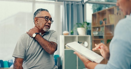 Image showing Tablet physiotherapy and senior patient for consultation with shoulder pain, injury and assessment in office. Doctor, physiotherapist and elderly man with muscle help, service and digital technology