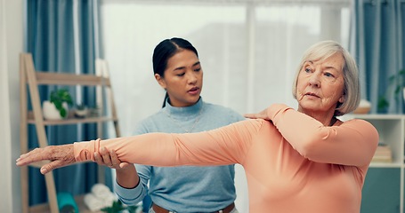 Image showing Physiotherapy, stretching and senior woman in consultation for support, assessment and help with injury in office. Doctor, physiotherapist or nurse with an elderly patient for muscle or spine service