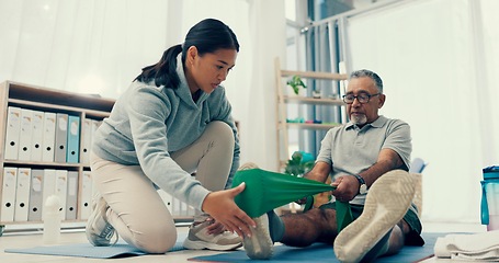 Image showing Legs, stretching band or physiotherapist with old man, support or fitness for health or help. Physio, rehabilitation or retirement with training, caregiver with elderly patient for mobility exercise