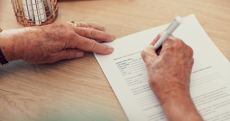 Image showing Hands, medical or person with contract to sign on application or documents for life insurance. Pov closeup, survey questions or pen writing for compliance, form consent or healthcare agreement info