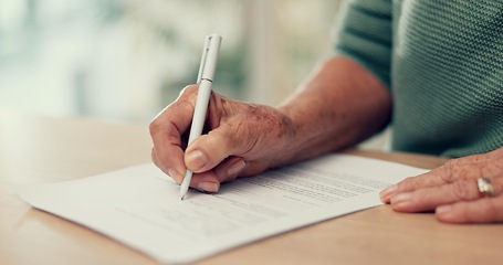 Image showing Hands, paper or person with contract to sign on application or documents for will, life insurance or divorce info. Writing, closeup or pen with signature for compliance, form or title deed agreement