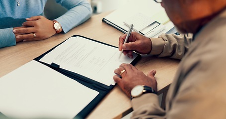 Image showing Hands, lawyer or man with contract for signature, application and writing on document of insurance or legal paperwork. Attorney or notary with client for agreement of document, policy or title deed