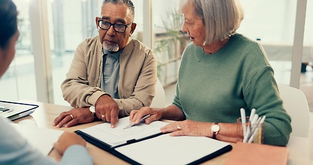 Image showing Conversation, lawyer or old couple with will, contract or document for retirement funding or life insurance. Plan, advisor or married elderly clients with legal form or title deed agreement with help