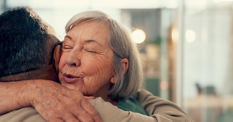 Image showing Love, hug and an elderly couple in their home together for support, marriage or care with retirement. Relationship, smile or happy with a senior woman and old man embracing for romance in their house