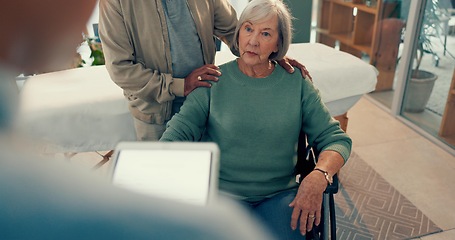 Image showing Wheelchair, doctor and tablet for old woman in a physiotherapy consultation for advice. Support, couple talking or elderly patient with a disability, support and physiotherapist for results in clinic