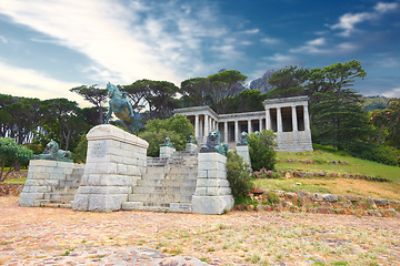 Image showing Rhodes Memorial, monument and architecture in Cape Town, outdoor and design for historic building. Tourism, landmark or statue of famous politician, sculpture or art work on mountain in South Africa
