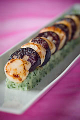 Image showing Scallop, black pudding against pink