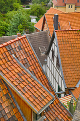 Image showing Rooftop, houses and architecture of property outdoor in the countryside for travel in New Zealand. Roof, exterior and homes at a village, real estate and vintage building by neighborhood with trees