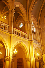 Image showing Interior, cathedral and church building for worship, religion or spiritual christianity in Denmark. Medieval, architecture and location for protestant faith at historical temple of God with lights