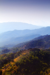 Image showing Mountain, fog and natural landscape with bush, cloudy sky and calm hill for travel location. Nature, morning and sustainable environment with earth, peace and holiday destination with conservation