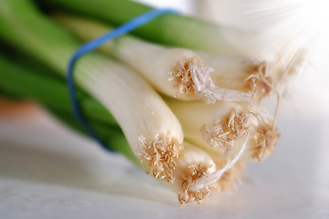 Image showing Vegetable, closeup and spring onions for cooking, food and nutrition at home, house and kitchen with macro on table. Leeks, edible plants and fresh produce for vegan dish, clean eating and diet