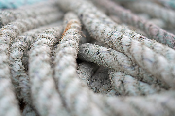 Image showing Macro, boat rope and textile with texture, nautical equipment for navigation and rigging with bundle of material. Weave, grunge or distressed cable for fishing or sailing, wool and pattern with gear
