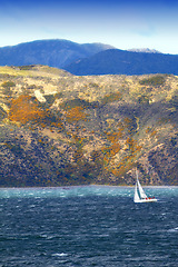 Image showing Boat, sailing and ocean with landscape for travel, nature and luxury with transportation for adventure in New Zealand. Yacht, ship and cruise at sea with journey, summer vacation and freedom outdoor