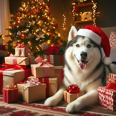 Image showing husky dog wearing santa hat