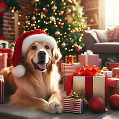 Image showing golden retriever dog wearing santa hat 