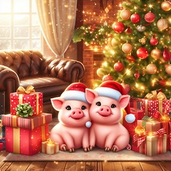 Image showing cute little pigs wearing santa hats 