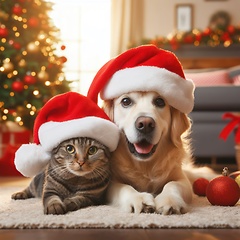 Image showing dog and a cat sitting together with santa hats