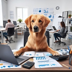 Image showing dog busy at work with charts and graphs