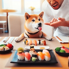 Image showing shiba inu dog is unhappy with sushi