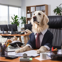 Image showing well dressed dog in a suit working hard