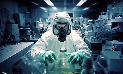 Image showing Mysterious doctor in a suit examines hazardous materials using a microscope in a professional office setting.