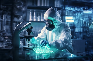 Image showing Mysterious doctor in a suit examines hazardous materials using a microscope in a professional office setting.