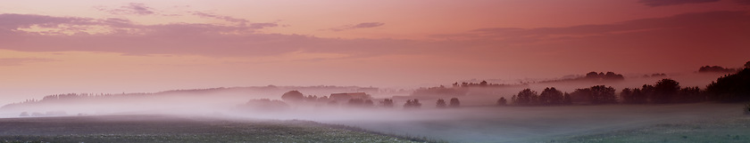 Image showing Farm, mist and panorama of agriculture nature with sunset environment or sustainability production, harvest or fog. Grassland, morning and dusk in England landscape or forest trees, ecology or field