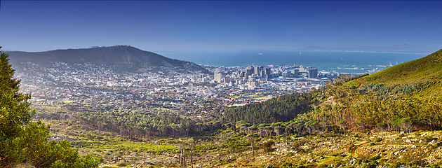 Image showing Mountain, nature and Cape Town in South Africa for travel, journey and adventure in city. Landscape, sea and holiday or vacation for freedom, hiking and above view of location for tourists getaway