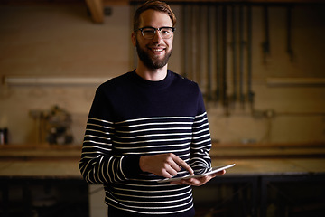 Image showing Happy man, portrait and glasses with tablet for communication, social media or research at home. Geek, nerd or handsome male person with smile on technology for online search or networking at house