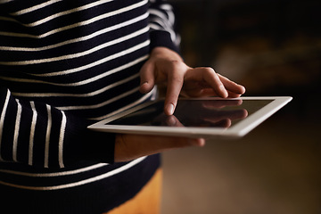 Image showing Person, hands and tablet with mockup for research, communication or networking at home. Closeup of creative employee working on technology or screen display for online search, app or startup at house