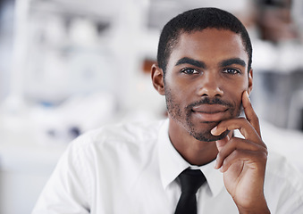 Image showing Businessman, portrait and decision for ideas or vision, startup and professional in formal clothes. Black man, corporate and working in office or workstation, confident and salesman in workplace