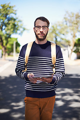 Image showing Man, tablet and portrait outdoor in street, taxi service app or rideshare for travel and connection. Touchscreen, technology and social media, digital map for location and navigation on journey