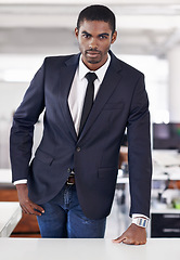 Image showing Portrait, businessman and confident in office with planning and assertive in corporate career in workplace. Serious face, black person and entrepreneur with ambition and thinking in startup company